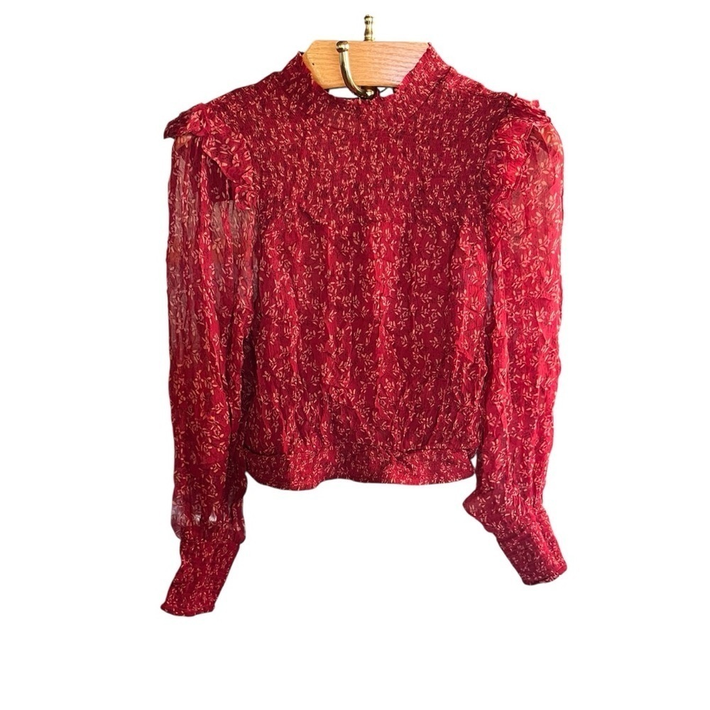 Free People Red Roma Blouse Sheer Floral Long Sleeve with Keyhole Back Small - Picture 9 of 15